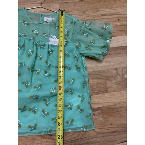 NWT ANthropologie Organza Beaded Top Sabine Green Embroidery Crop Sz 2 Puff - Picture 9 of 11